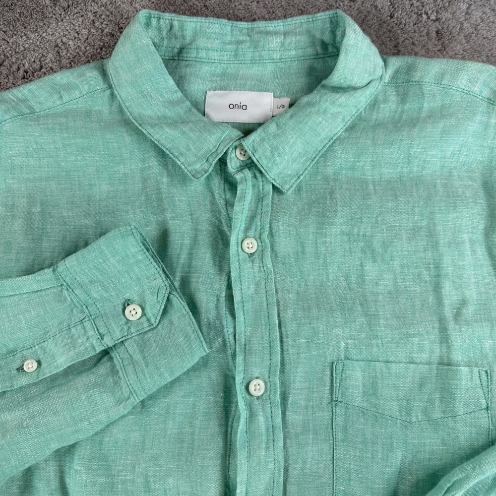 Onia Standard 100% Linen Shirt Mens Large L Light Green Long Sleeve Button Down